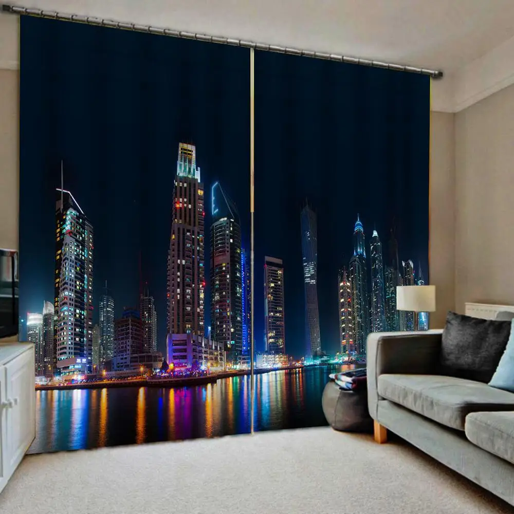 

blue night building curtains Bedroom living room windproof thickening blackout fabric 3d curtain
