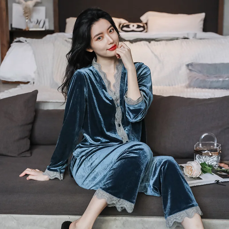 

Pajamas Set Autumn New Velvet Sleepwear Trouser Suits Women Sexy Lace Trim Nightwear Velour Pyjama Pour Femme Loose Homewear