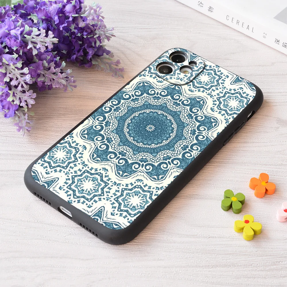 

For iPhone Creamy And Blue Mandala Pattern Print Soft Matt Apple Case