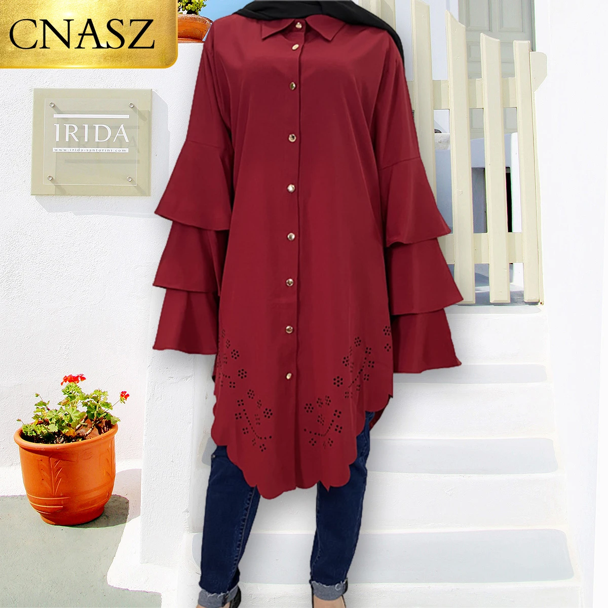 Длинные рубашки мусульманская женская мода рукав-лепесток одежда Оман Дубай