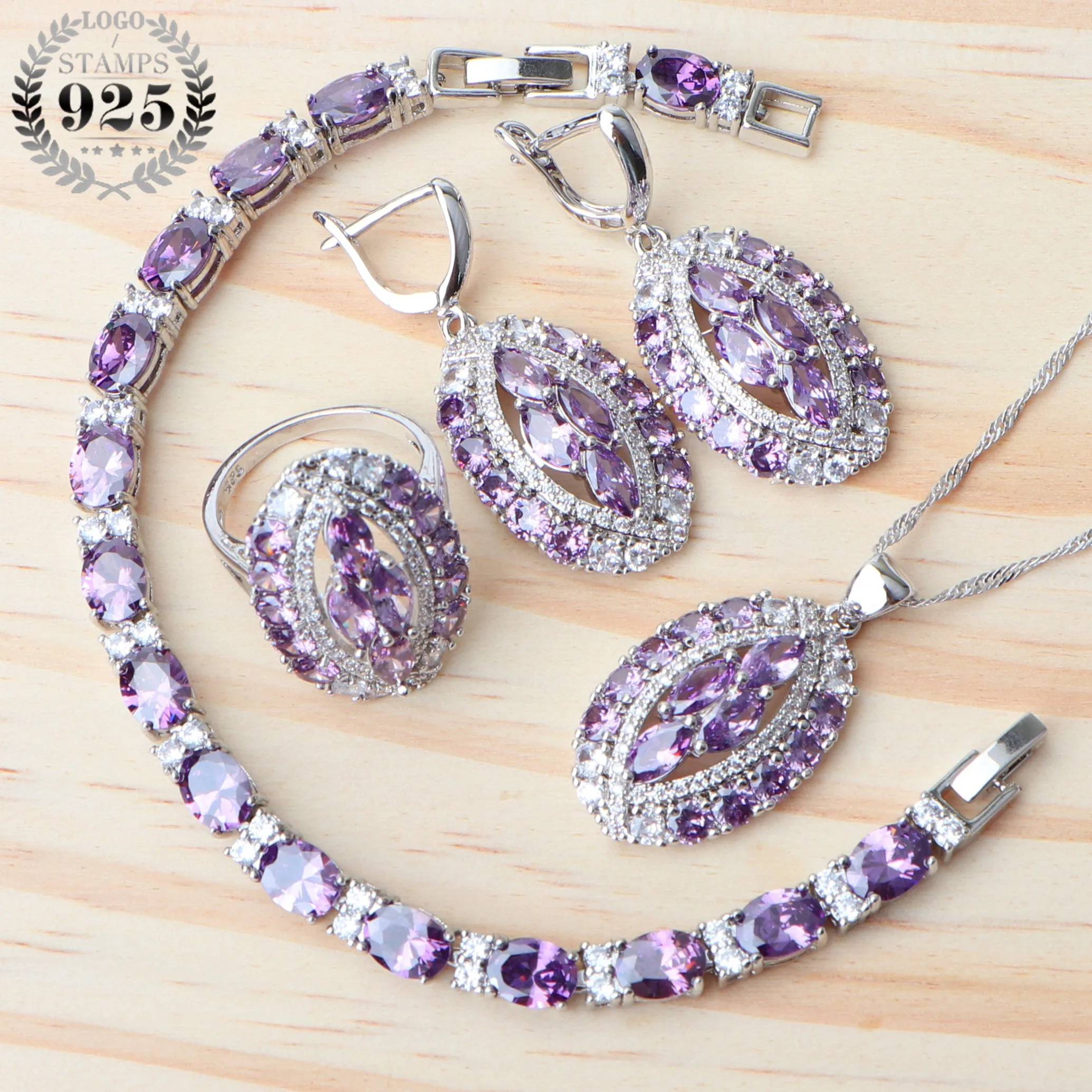 Свадебные фиолетовые циркониевые Серебряные Ювелирные наборы 925 свадебные