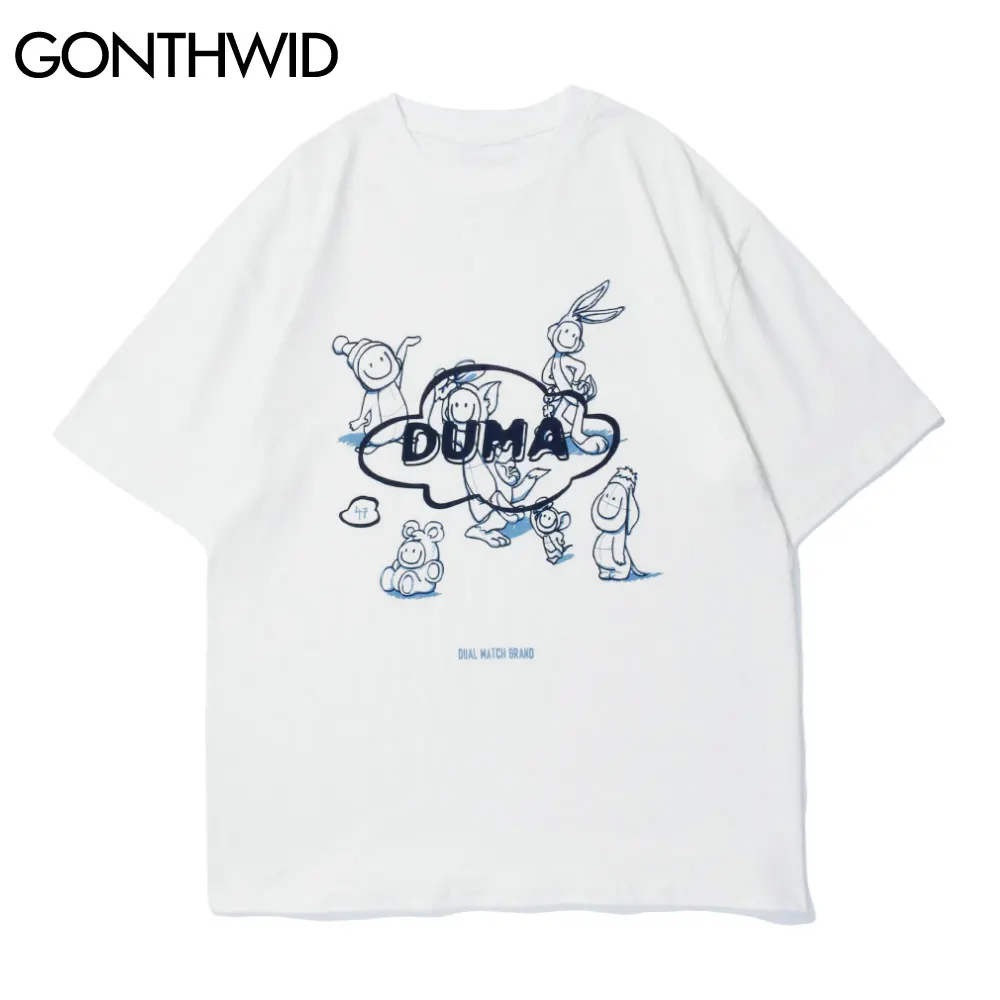 

GONTHWID Short Sleeve T-Shirts Men Streetwear Hip Hop Casual Smile Funny Cartoon Print Tees Shirts Cotton Harajuku Tshirts Tops