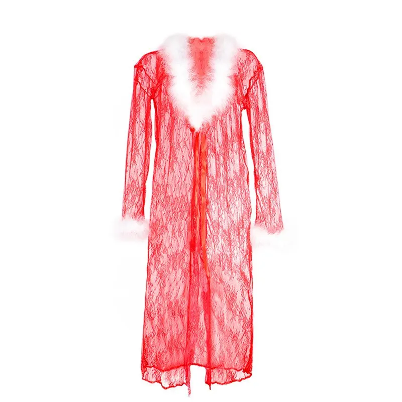 Christmas red Varsbaby сексуальное Прозрачное цветочное кружевное нижнее белье Рождественская ночная рубашка дышащая сетка Рождественский Халат - Цвет: Christmas red
