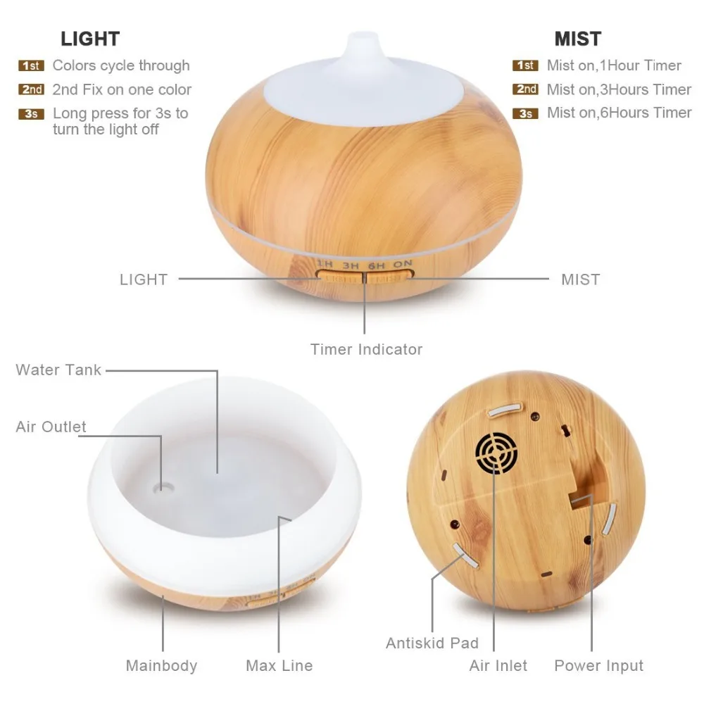 

550ML Electric Aroma Diffuser Ultrasonic Air Humidifier LED Lamp Aromatherapy Mist Maker Remote Control Essential Oil Diffuser