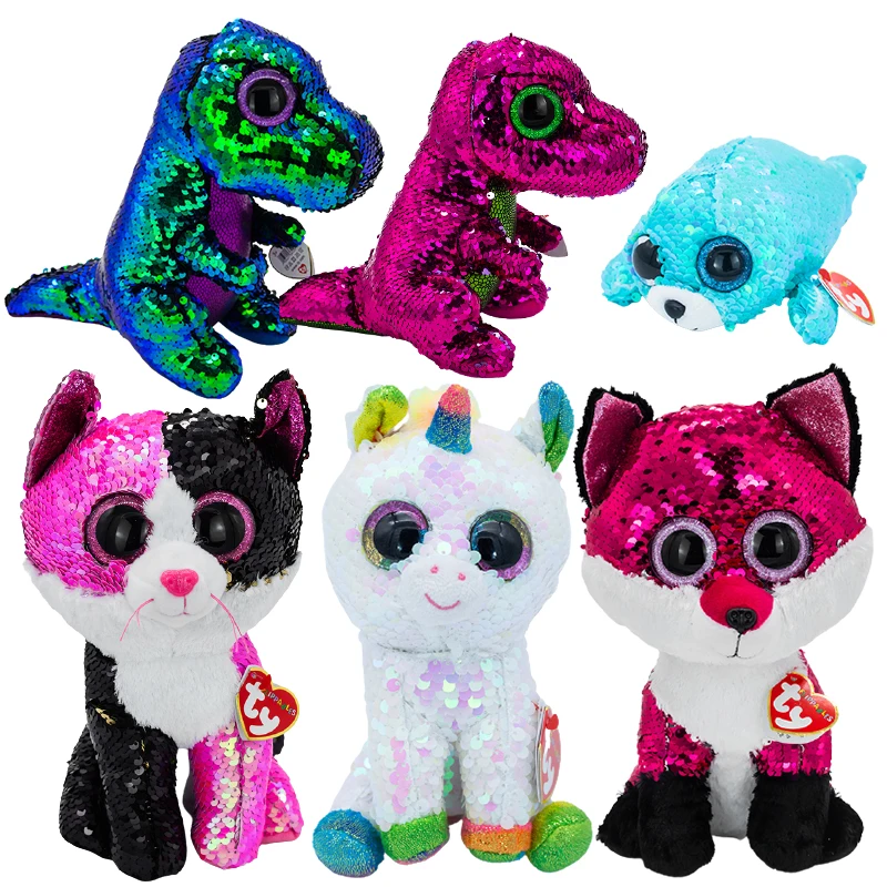 

Ty Beanie Boos Double-Sided Sequins Shiny Big Eyes Unicorn Fox Cat Plush Stuffed Animal Super Soft Bedside Toy Doll Gift For Ohi