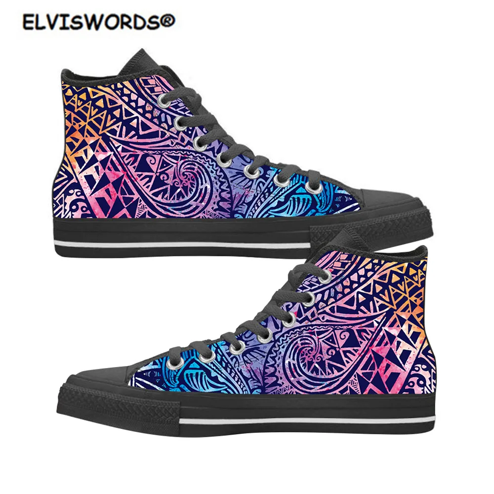 

ELVISWORDS Fashion Gradient Polynesian Pattern Casual Women's Vulcanized Shoes Classic High Top Lace Up Sneakers for Ladies 2020