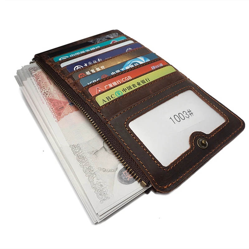 

Vintage Genuine Leather Men Wallet Handmade Crazy Horse Cowhide Long Purse Multifunctional Card Holder Carteira Masculina