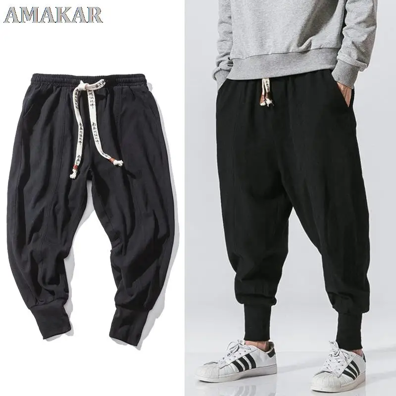 

Chinese Style Harem Pants Men Streetwear Casual Joggers Mens Pants Cotton Linen Sweatpants Ankle-length Men Trousers M-5XL