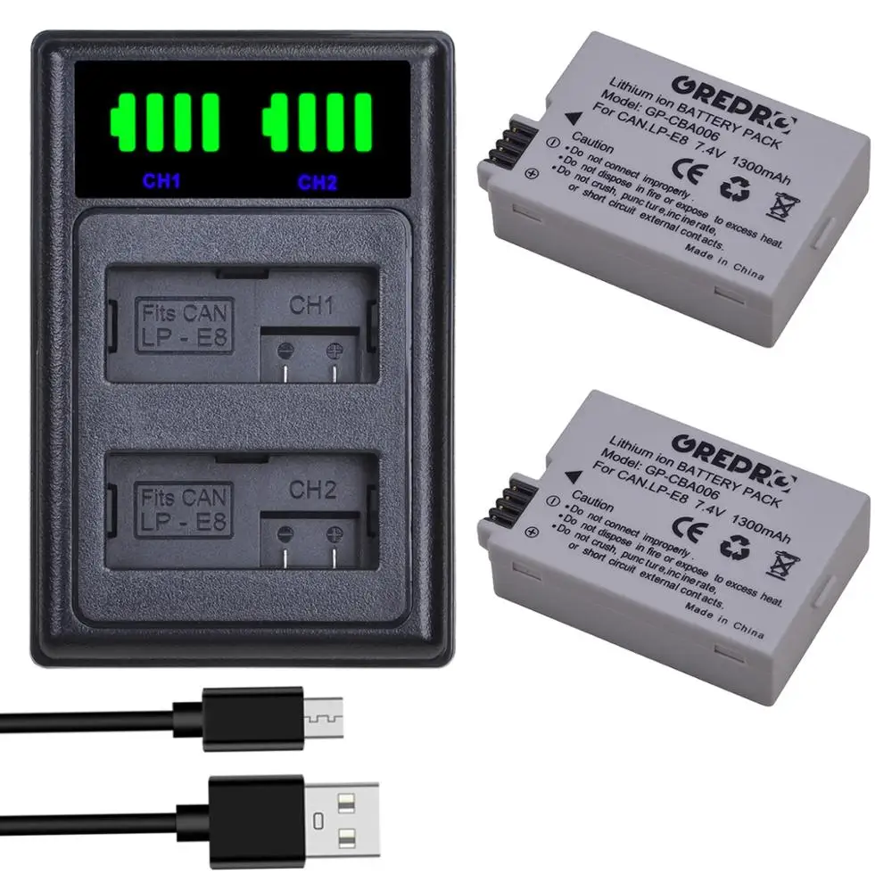 Аккумулятор для фотоаппарата 2 шт. LP E8 LPE8 + двойное зарядное светодиодный