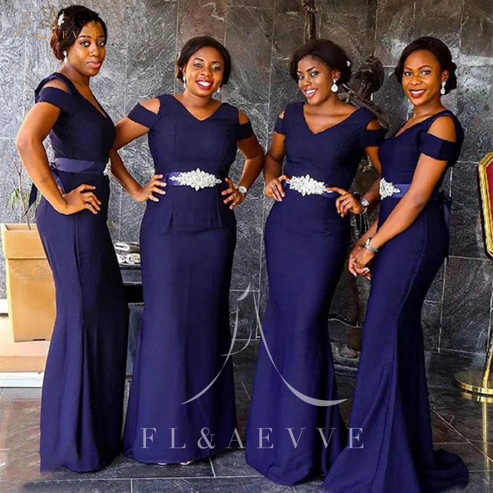 

Dark Blue Satin Elegant Dress Women for Wedding Party Mermaid Off the Shoulder Beads Crystal Bridesmaid Dresses Bridesmaids