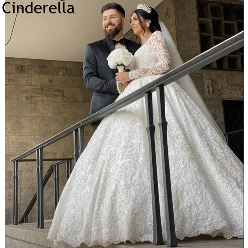 

Wedding Dresses Luxury Long Sleeves A-Line Sweep Train High Quality Lace Wedding Dresses With Lace Up Back vestido de noiva
