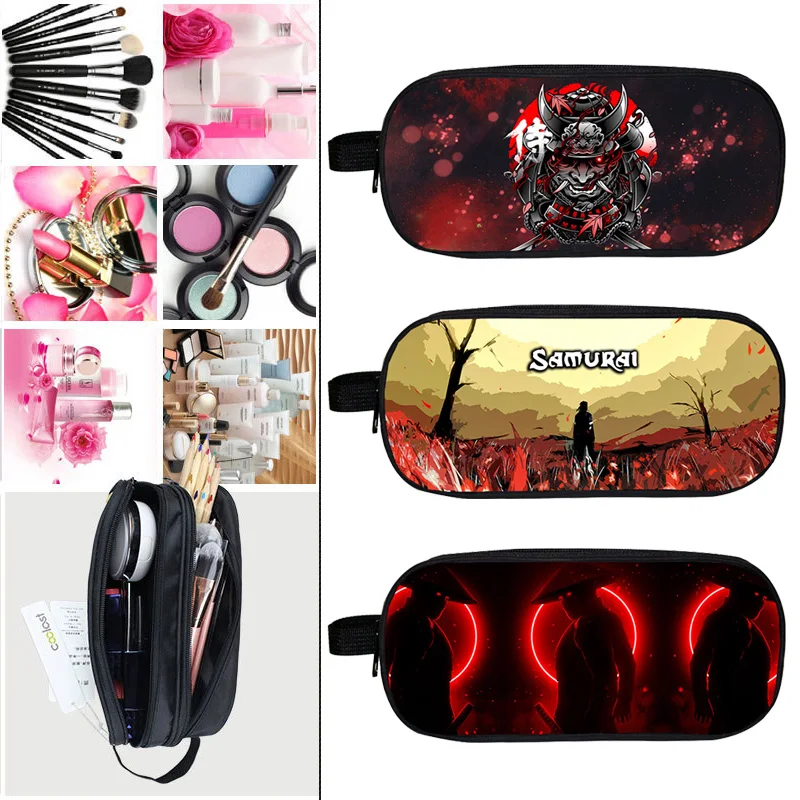 

Samurai Japan Warrior Sword Katana Coolie Rice Hat Print Pencil Case Kid Pen Bag Harajuku Ghost Kanji Handbag Women Cosmetic Bag