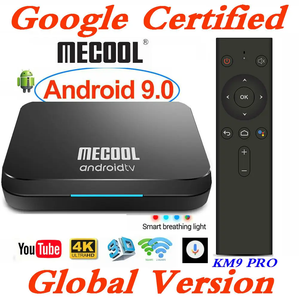 Google сертифицированных MECOOL ТВ Box Android 9,0 KM9 PRO Android ТВ 9,0 4 GB Оперативная память 32 GB Amlogic S905X2 4 K голос 2,4G 5G Wi-Fi BT4.0 KM9 A ТВ