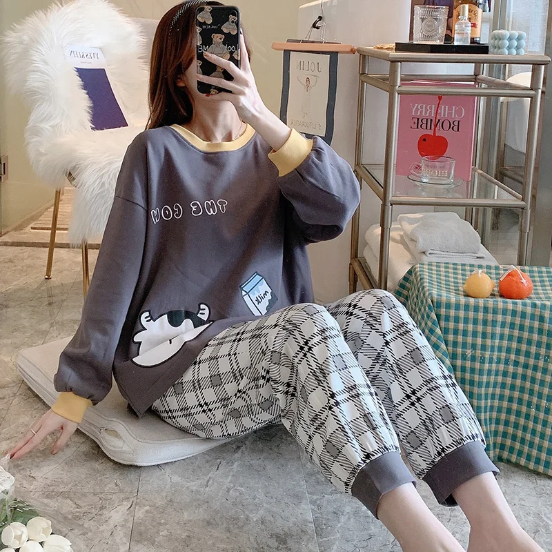 Pajamas Female Spring and Autumn Calf Long Sleeve Two Piece Suit Korean style Thin Plaid Pants Tracksuit Summer Can Be Worn