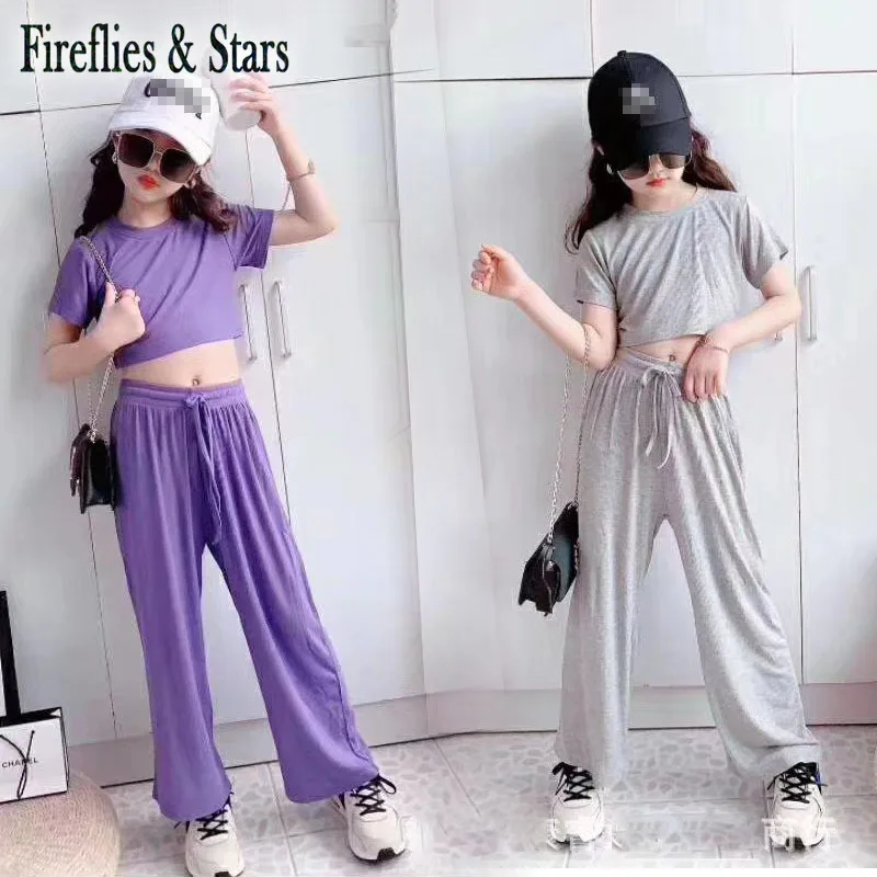 Летний комплект из 2 предметов для девочек детский укороченный топ + широкие