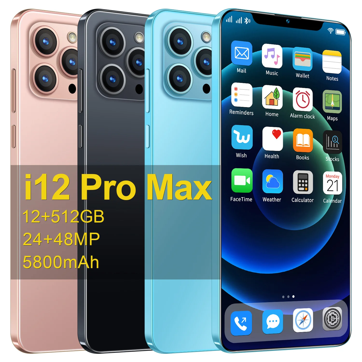 

Смартфон i12 Pro Max, 6,7 дюйма, 512 Гб ПЗУ, 12 Гб ОЗУ, Android 10, 10 ядер, Napdragon 888, две SIM-карты, 5800 мач