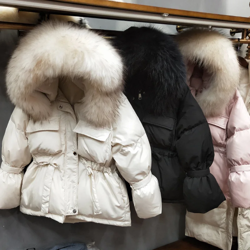 

пуховик женский 2020 Fur Hooded Winter Jacket Ladies White Duck Down Coat Thick Warm Parka Coat Belt Tied Short Snow Jacket