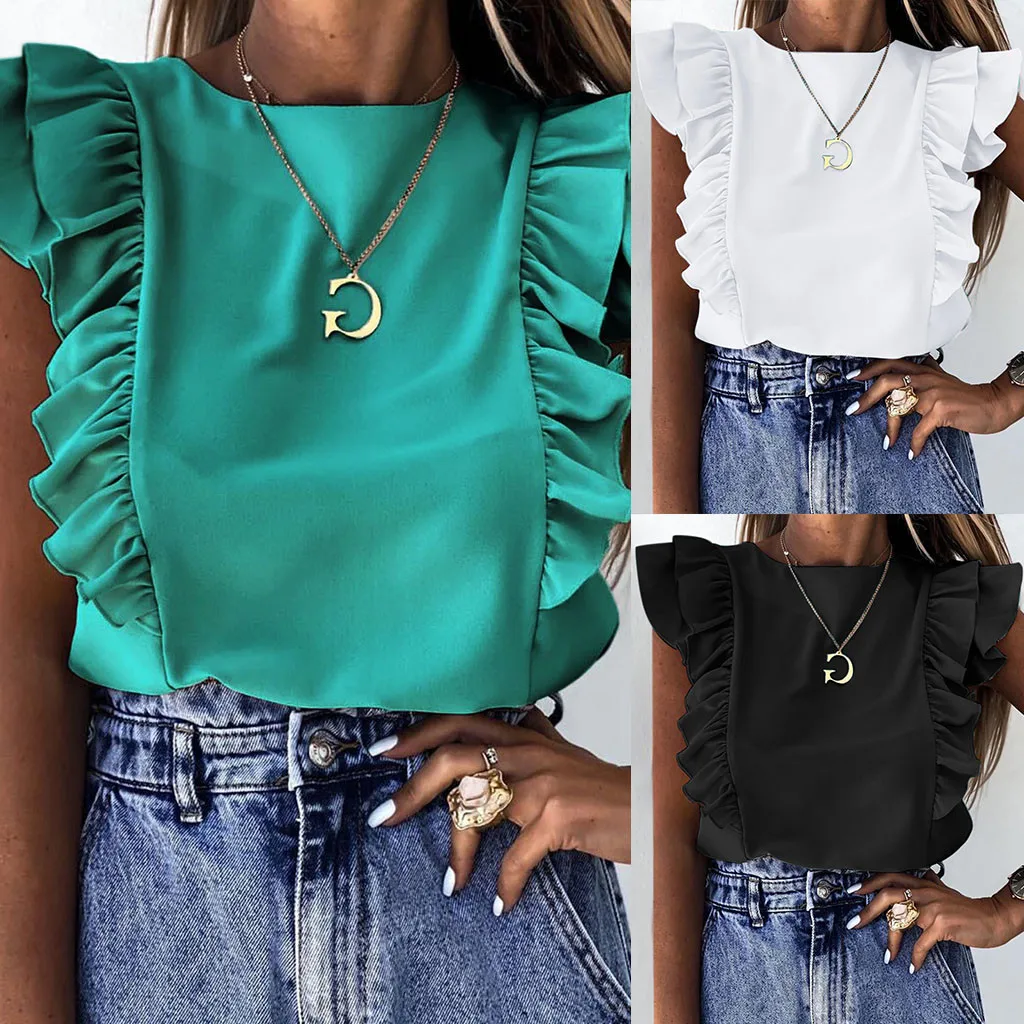 

Fashion Sexy Ruffle Blouse Women Short Sleeve Shirt Summer O-Neck Blouse Shirts Solid Casual Office Women Tops Blusa Streetwear