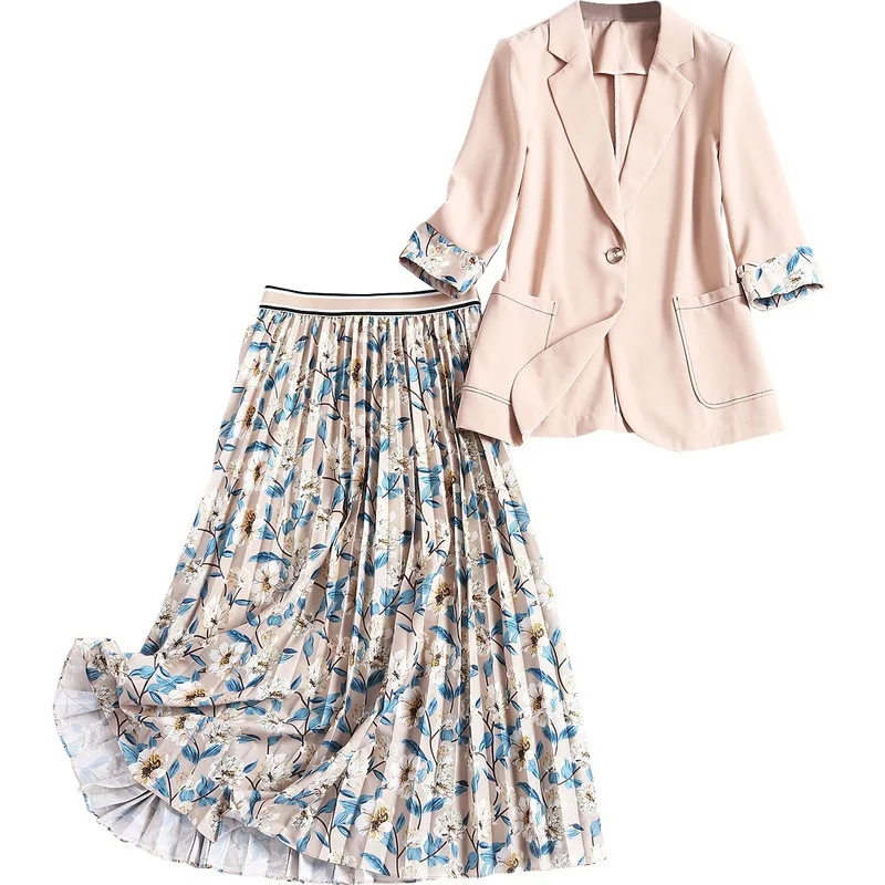 

Elegant Office Lady 2pcs Women Sets Patchwork Sleeve Design Blazer + Flower Print Elastic Waist Pleated Skirts 2021 Spring
