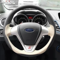 shining wheat black beige leather car steering wheel cover for ford fiesta ecosport b max kaka tourneo courier