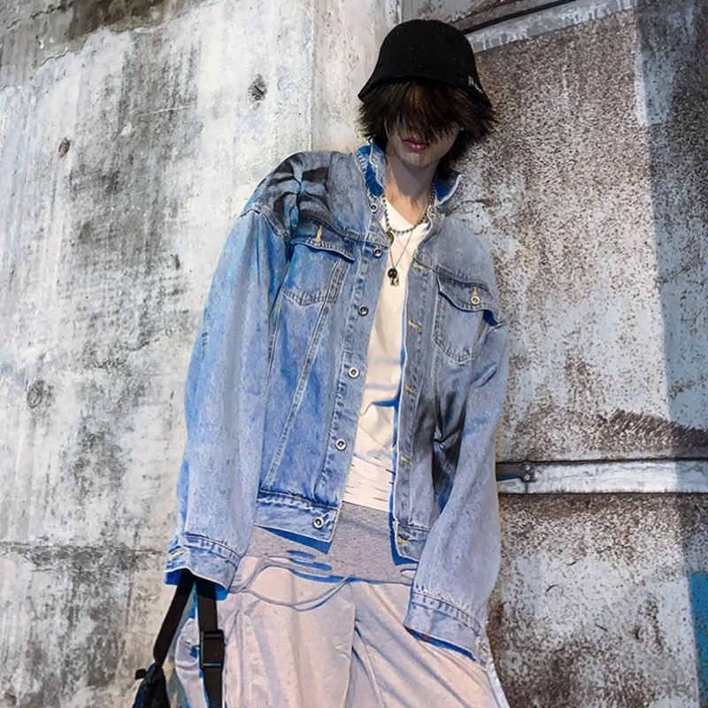 

Aolamegs Men's Jacket Gothic Print Denim Jacket Retro Harajuku Jackets Hip Hop High Street Streetwear Spring 2021 Casual Outwear