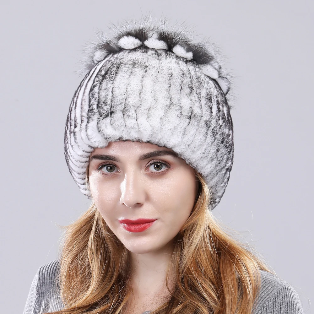 Настоящие Женские шапки из меха кролика рекс Леди ручной вязки в полоску шапка с