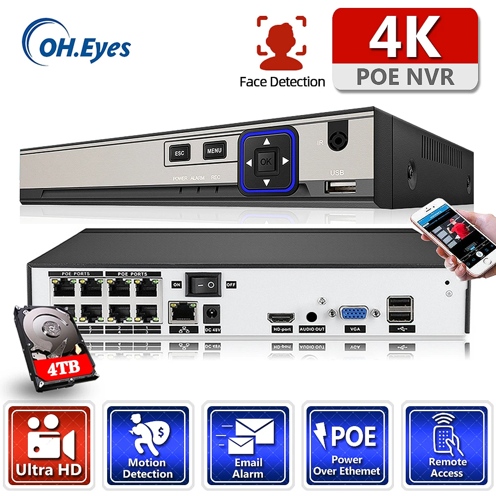 

OH.EYES New 8ch POE 8MP NVR H.265 AI Face NVR Network Video Recorder HDD 24/7 Recording IP Camera Xmeye P2P System