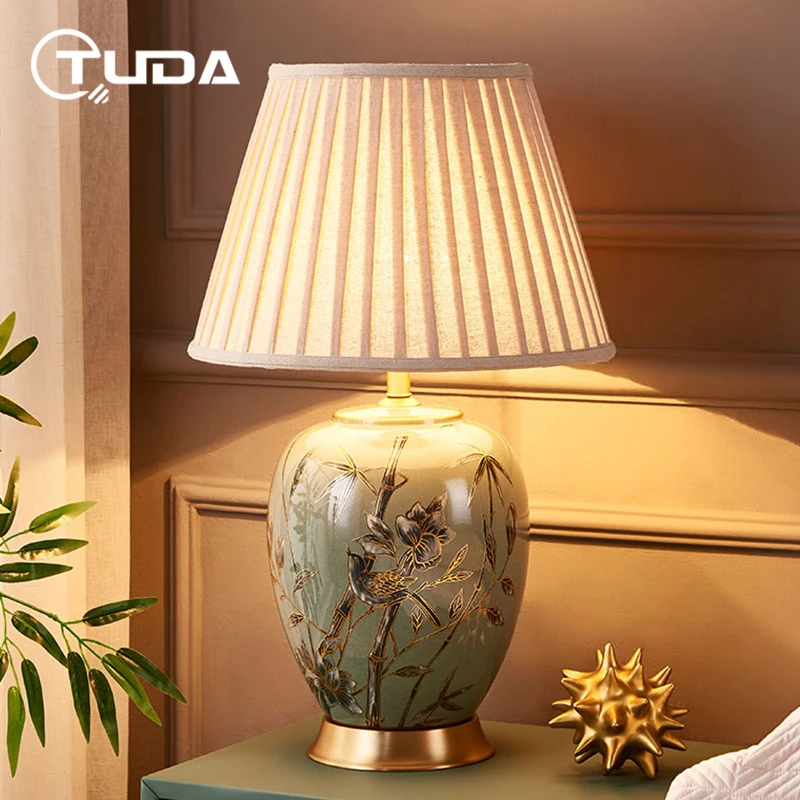 

TUDA 40x63cm American Style Retro Ceramic Table Lamp for Bedroom Bedside Lamp Living Room Sofa And Tea Table Villa Study Lamps