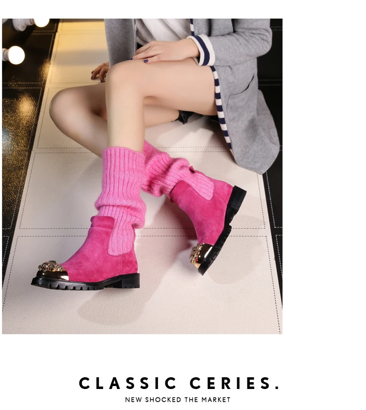 Botas Mujer; зимние вязаные сапоги; женские сапоги до середины икры; Bota Feminina; обувь со стразами; женские эластичные сапоги; Botines Mujer; коллекция года; Zapatos De Mujer
