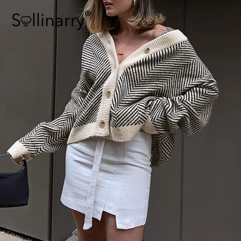 

Sollinary Loose V-neck pocket women cardian winter High street knitted cardian Office lady long sleeve stripes sweater cardian