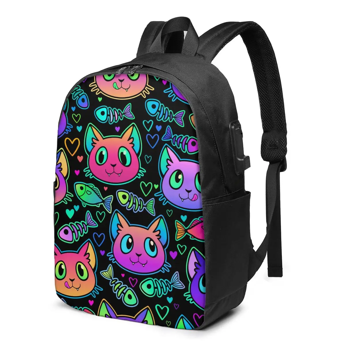 

Рюкзак для ноутбука с USB-разъемом для мужчин и женщин, школьный ранец с изображением головы кошки и рыбы, дорожный рюкзак для отдыха, 2021