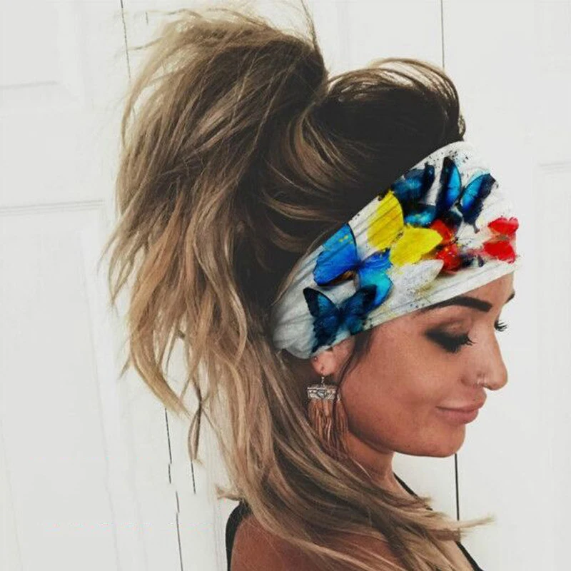 

Women Stretchy Sports Headband Multicolored Rainbow Butterfly Print Sweatband Yoga Workout Bandana Running Gym Hair Band