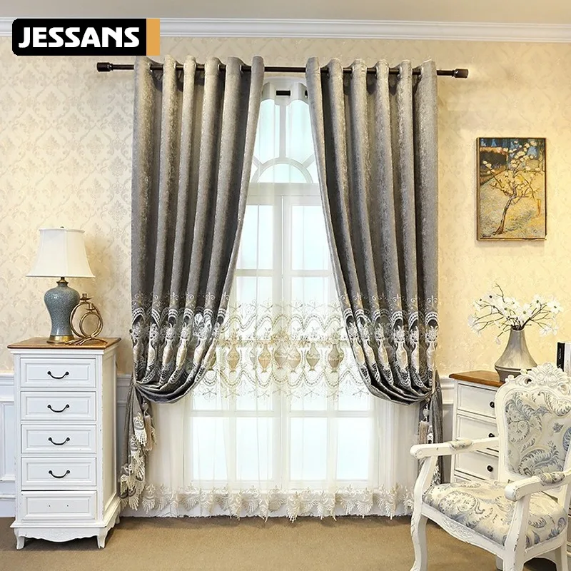 

Gray New Chenille Embroidered Curtains for Living Room Bedroom European Style High-end Blackout Curtain Tulle Valance Decoration