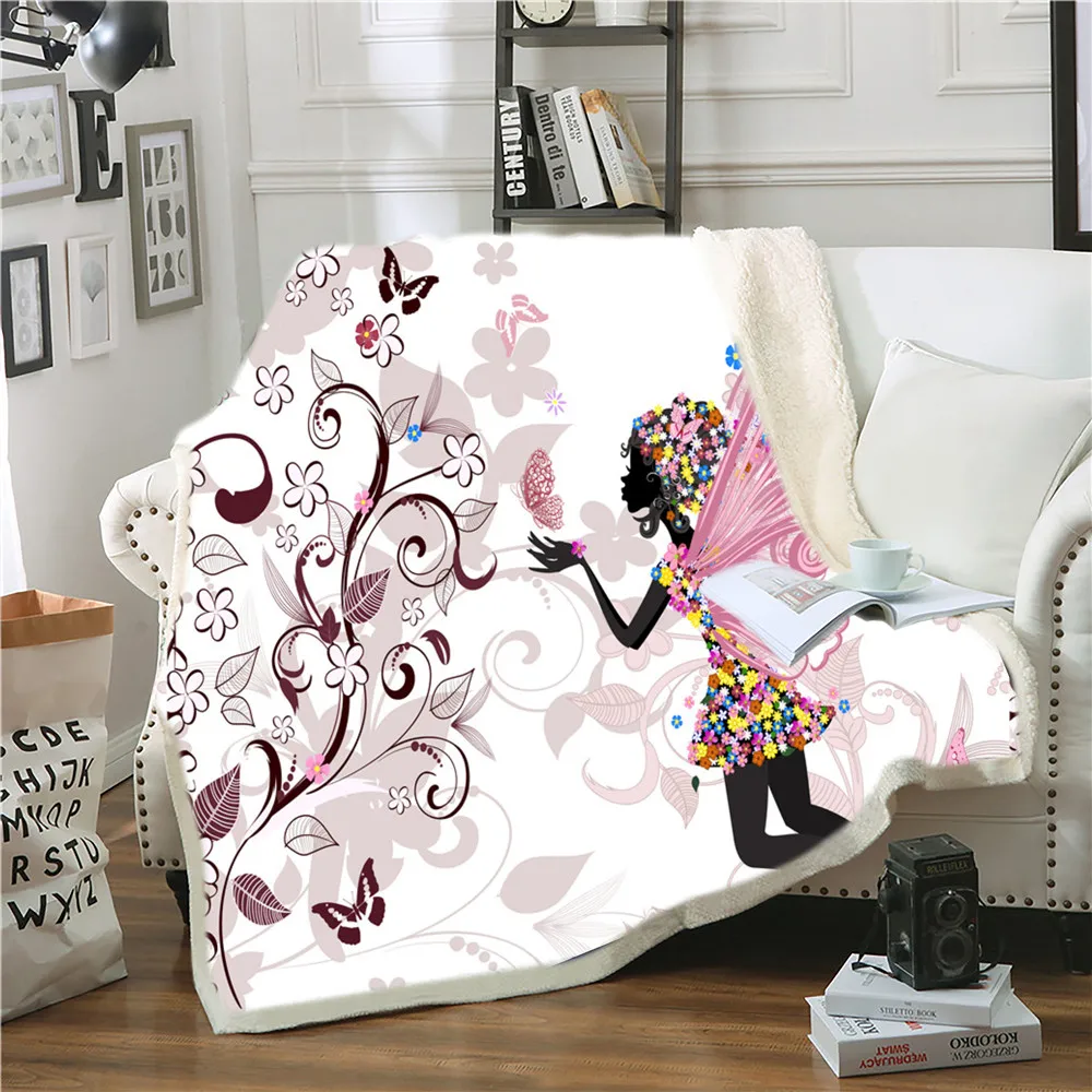 

Pink Fairy Sherpa Blanket Home Room Bedroom Sofa Blanket Colorful Flower Printing For Kids Weighted Blanket Picnic Throw Blanket