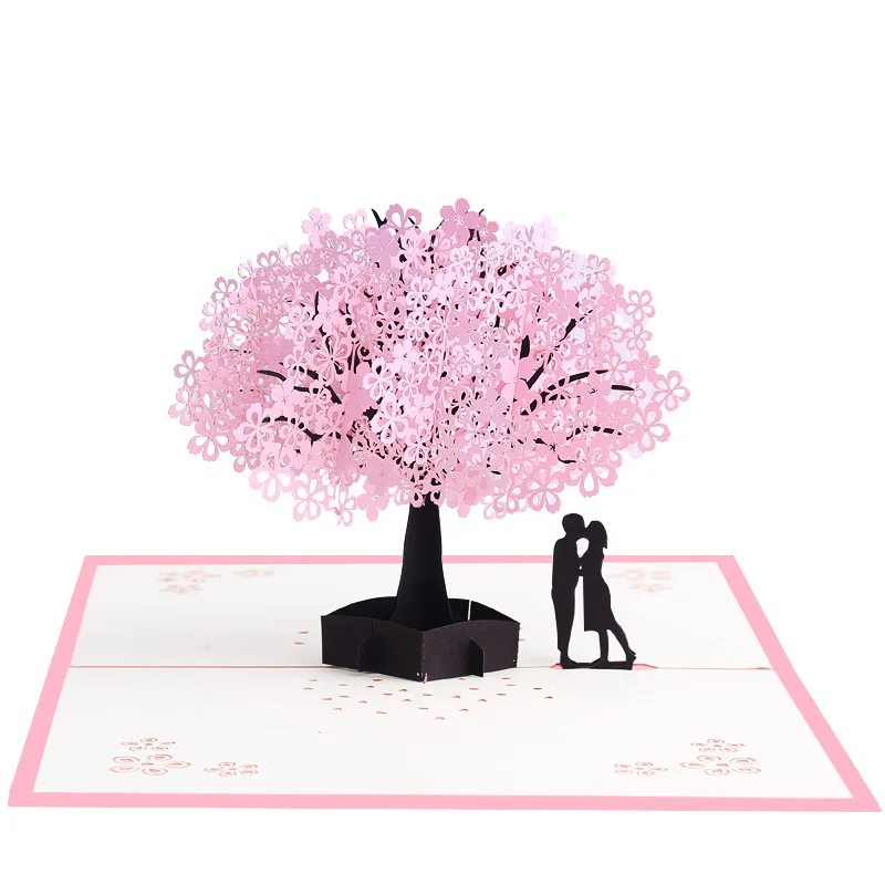 

Pink Romantic Cherry Blossom 3D Greeting Card Valentien's Day Blessing Card Wedding Birthday Paper Carving Invitation Card Lover