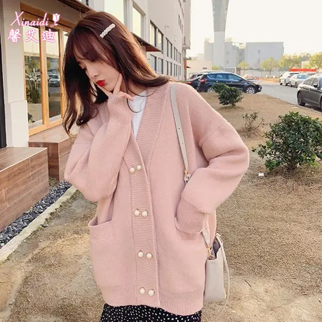 

2021 New Korean Women Loose Solid Cardigan Women Autumn Winter Long Sleeve Sweater Female Casual Knitted Cardigan Outwear Q773