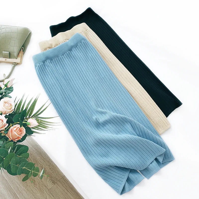 2019 Вязанная женская осенняя облегающая юбка миди с высокой талией хорошее