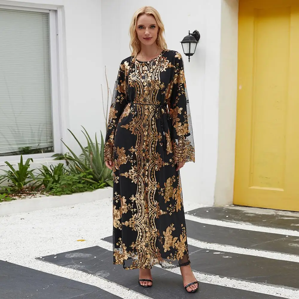 

Eid Mubarak Sequin Abaya Dubai Thin Black Golden Turkey Arabic Kimono Abayas for Women Muslim Islamic Clothing 2020 New