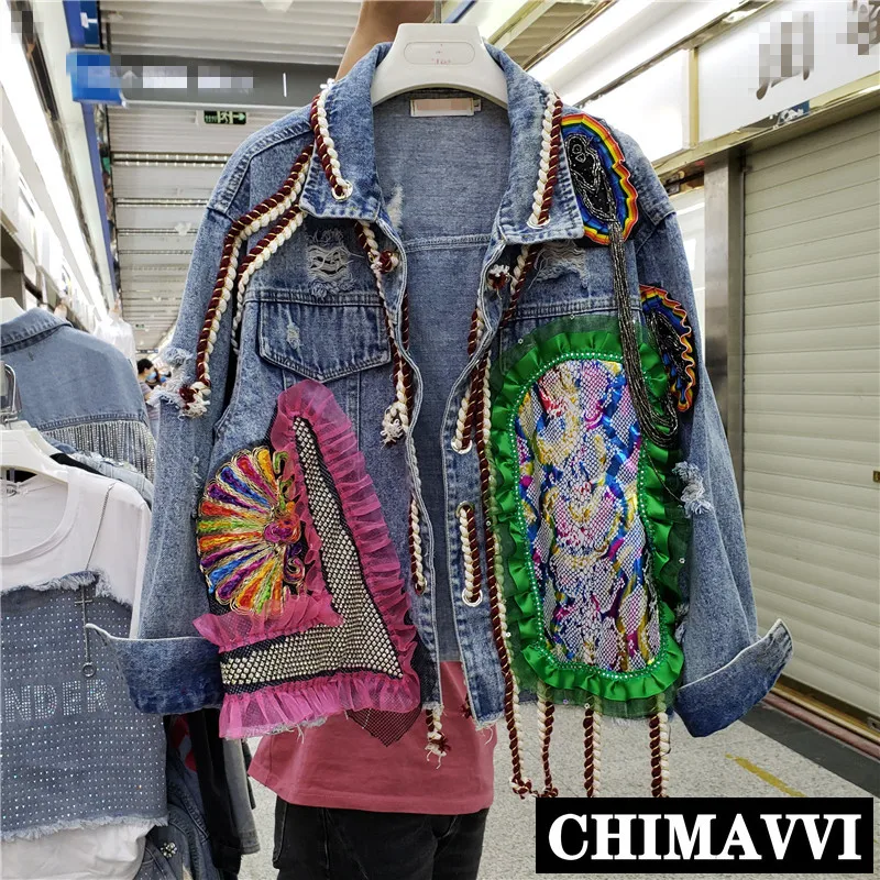 Женская короткая джинсовая куртка свободная в европейском стиле с кружевной