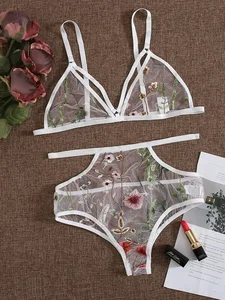 Модные сексуальные эротические костюмы, сексуальные женские кружевные бюстгальтеры с цветочной вышивкой + трусики, женские сексуальные костюмы