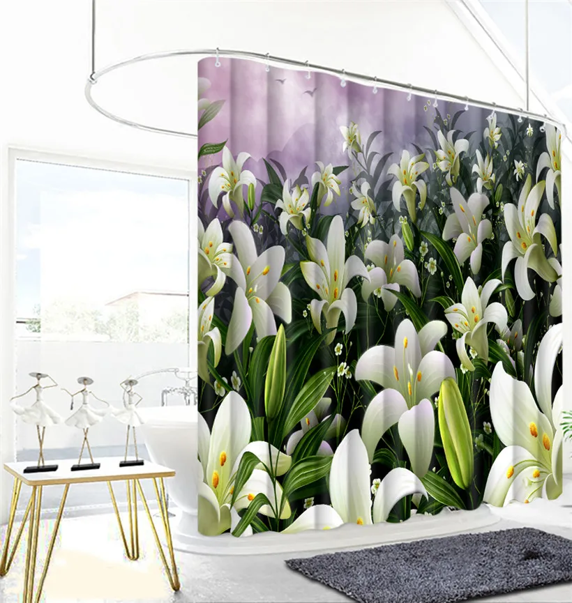 

Pink White Floral print Waterproof fabric Bathroom Kitchen 3D Shower Curtains Door Window Curtains