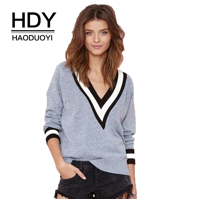 HDY Haoduoyi Autumn Winter Fashion Stripe V Neck Long Sleeve Casual Knitted Women Sweater Wine Pink Gray Black Pullovers Jumpers | Женская