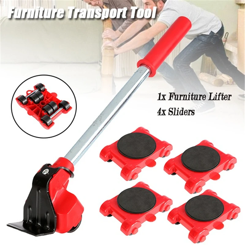 5PCS/Set Heavy Furniture Mover Lifter Sliders Transportation Tool with Wheel Rod Roller Refrigerator Bed Sofa Moving Set