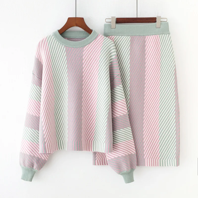 Женские вязаные костюмы Элегантные наборы юбок карандашей в полоску теплые