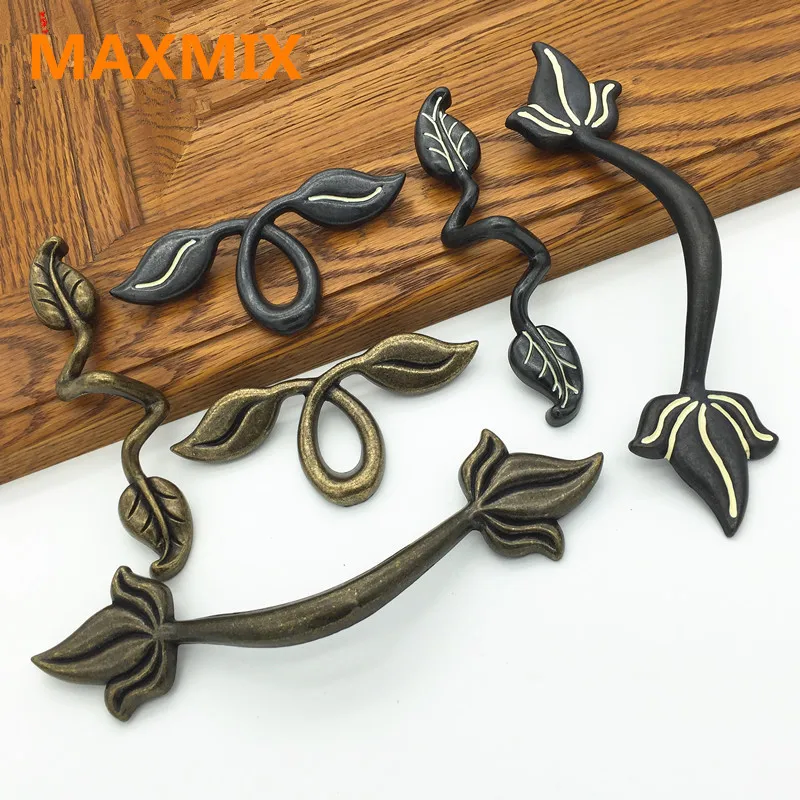 1 шт. листья в ретро стиле металлическая Античная латунная кухонная мебель ручки