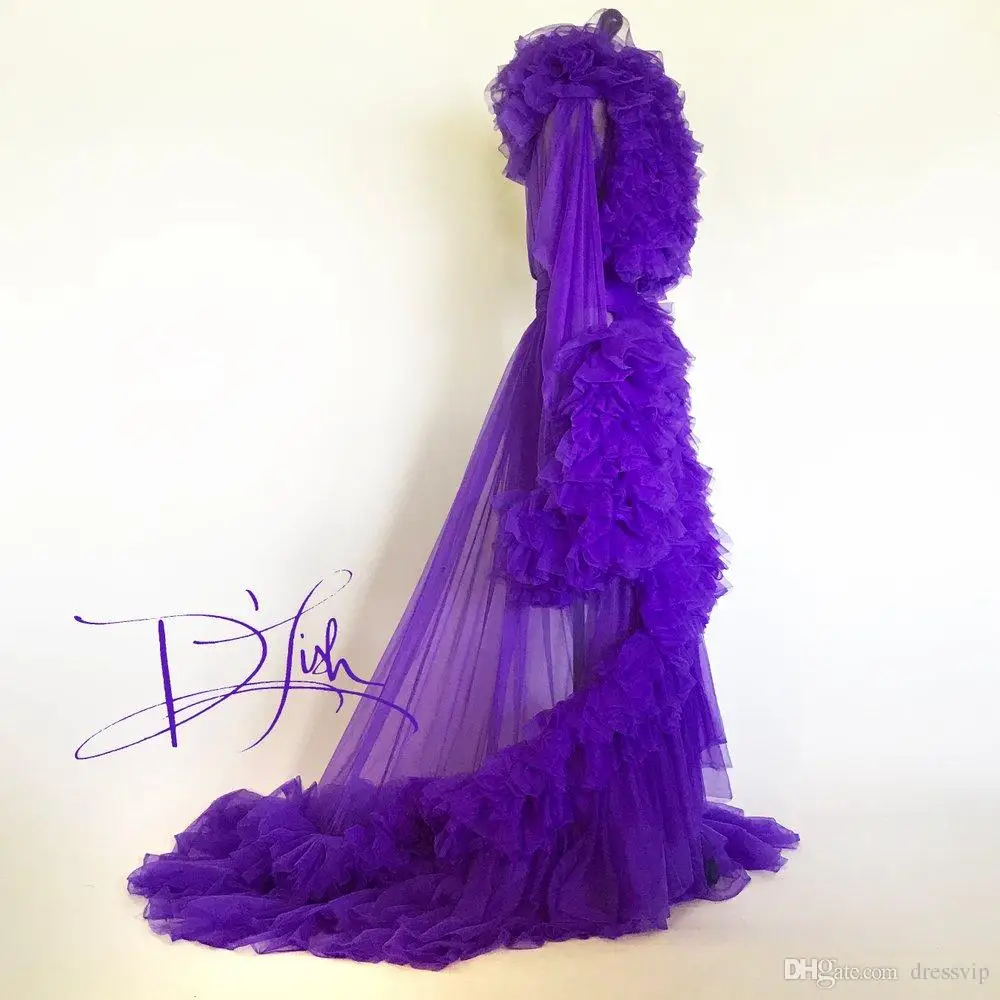 Imperial Grape Ruffled Nylon Chiffon Dressing Gown Skirt Collar Long Sleeves Women NightGowns Sexy Robes | Свадьбы и торжества