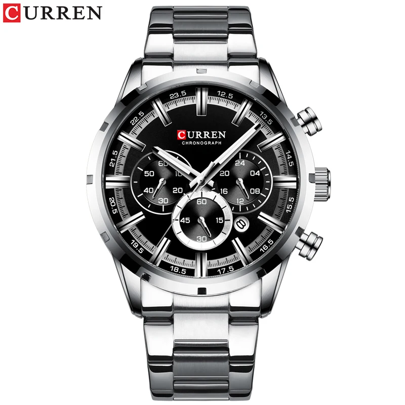 silver black watch Роскошные мужские кварцевые часы от Топ Бренда CURREN из нержавеющей стали, с секундомером, релого - Цвет: silver black watch