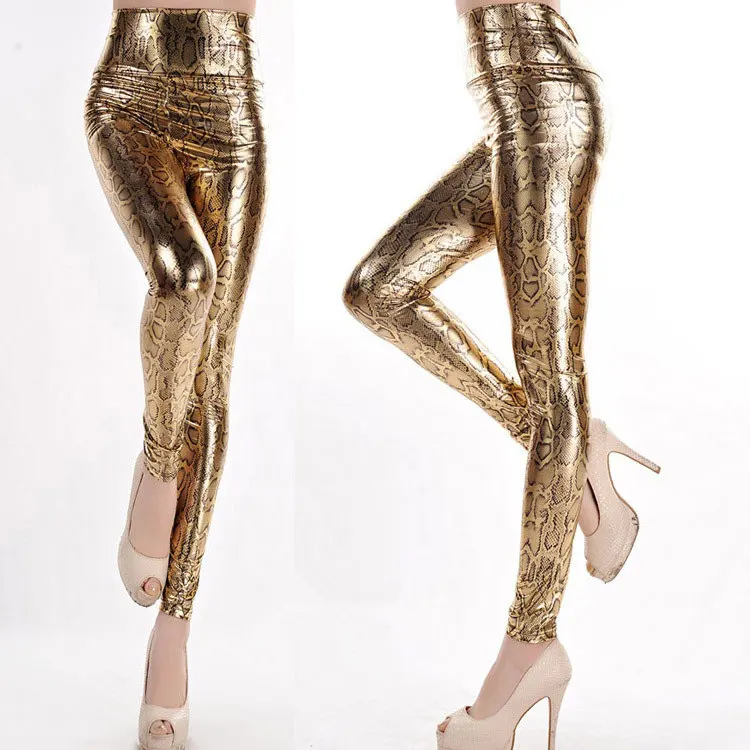 Womens Fashion Leopard Printed Stacked Leggings High Waist Skinny Legging Women Gold Snake Skin Pants Small Size Stretch Leggins