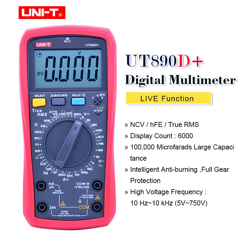 UT890D True RMS цифровой мультиметр UNI-T UT890C UT890D+ AC DC Напряжение измеритель тока Сопротивление Емкость ACV Измерение частоты ЖК-дисплей NCV - Цвет: UT890D