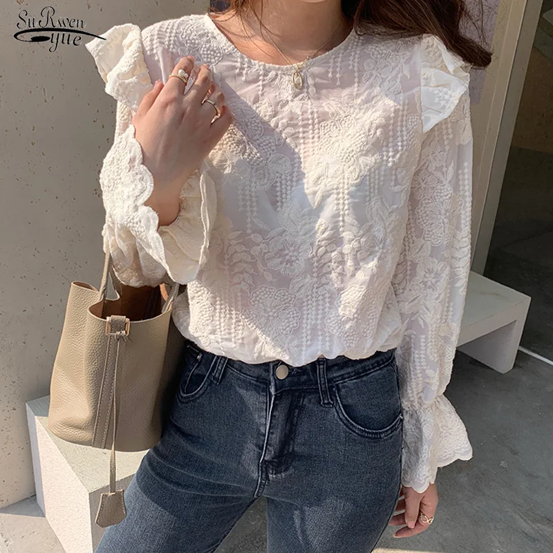 

Autumn 2021 Casual Loose Crochet Lace Shirt Tops Flare Sleeve Ruffle Blouse Women O Neck Women's Clothing Blusas Elegant 16855